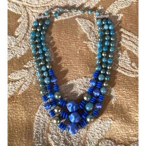 Vintage 60s Blue Necklace 1960s Three Strand Chunky Round Plastic Mad Men Mod